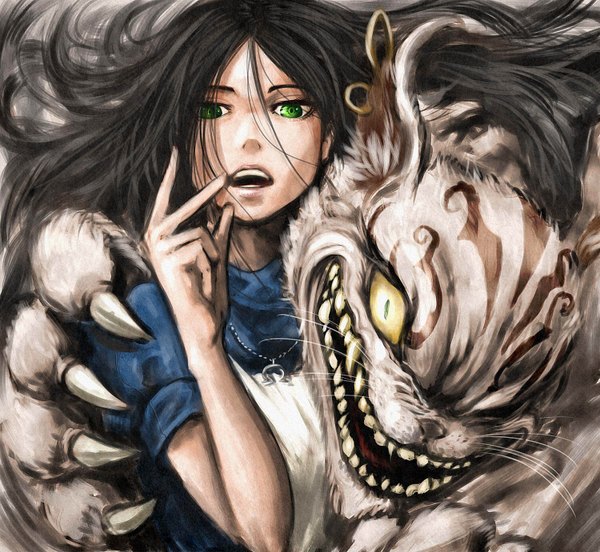 Anime picture 1500x1382 with american mcgee's alice (game) alice: madness returns alice (american mcgee's) cheshire cat single long hair looking at viewer open mouth black hair green eyes lips teeth crazy crazy eyes girl claws horseshoe