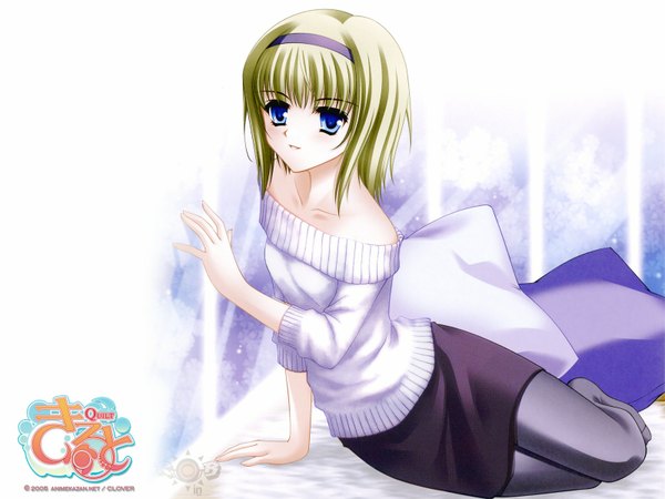Anime picture 1600x1200 with quilt (game) kyrie (quilt) carnelian single looking at viewer short hair blue eyes blonde hair sitting bare shoulders off shoulder arm support copyright name girl thighhighs skirt black thighhighs pillow headband sweater