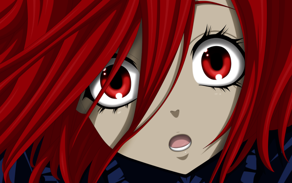 Anime picture 1600x1006 with corpse party akagiri saki flowerinhell single looking at viewer short hair open mouth red eyes red hair teeth close-up face eyes zombie girl dress tongue child (children) corpse