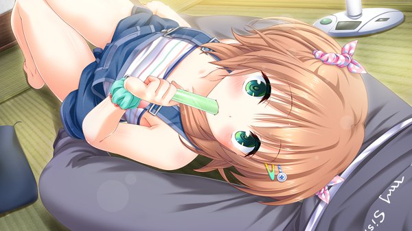 Anime picture 2560x1440 with onii-chan kiss no junbi wa mada desu ka? seguchi saya sakura misaki (artist) looking at viewer blush fringe highres short hair light erotic brown hair wide image twintails bare shoulders green eyes game cg bent knee (knees) barefoot bare legs short twintails solo focus