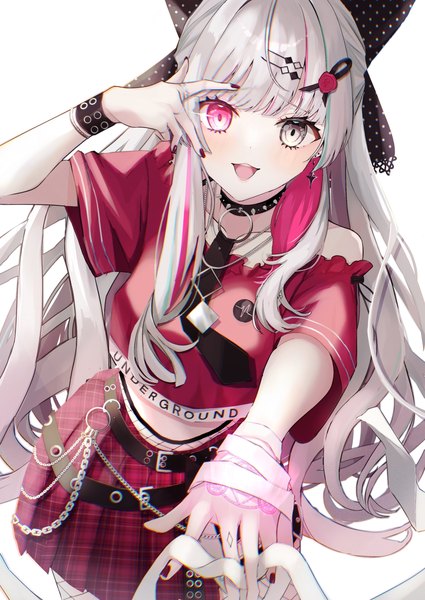 Anime picture 1360x1920 with virtual youtuber nijisanji ishigami nozomi q unicorn single long hair tall image looking at viewer open mouth simple background white background silver hair nail polish :d pleated skirt multicolored hair heterochromia plaid skirt colored inner hair girl