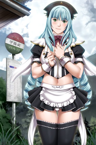 Anime picture 1024x1536 with lewdness alice (lewdness) sei shoujo long hair tall image light erotic green eyes blue hair game cg pantyshot drill hair girl thighhighs black thighhighs miniskirt apron
