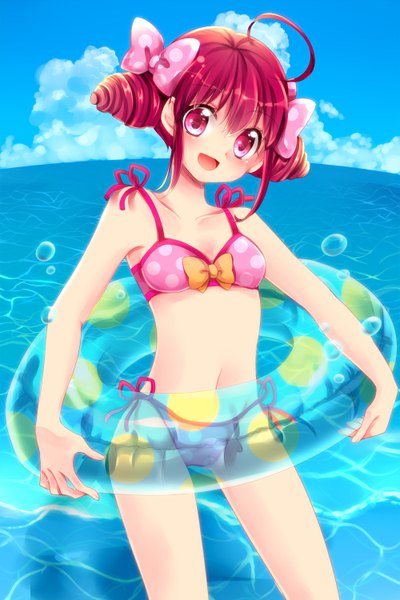 Anime picture 1000x1500 with precure smile precure! toei animation hoshizora miyuki uzuki aki single tall image blush open mouth red eyes ahoge red hair hair bun (hair buns) drill hair girl navel swimsuit bikini swim ring polka dot bikini