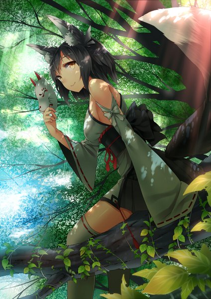 Anime picture 626x885 with original mogumo single tall image short hair breasts black hair smile sitting bare shoulders holding animal ears yellow eyes sky outdoors tail traditional clothes japanese clothes animal tail sunlight