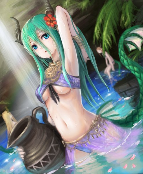 Anime picture 1400x1700 with original kai (ootamuno12) tall image breasts blue eyes light erotic multiple girls tail hair flower horn (horns) aqua hair armpit (armpits) wet dutch angle partially submerged underboob dragon girl waterfall girl skirt