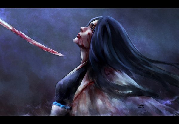 Anime picture 1300x900 with bleach studio pierrot unohana retsu nanfe single long hair blue eyes traditional clothes japanese clothes profile lips letterboxed bloody clothes girl weapon sword kimono katana blood