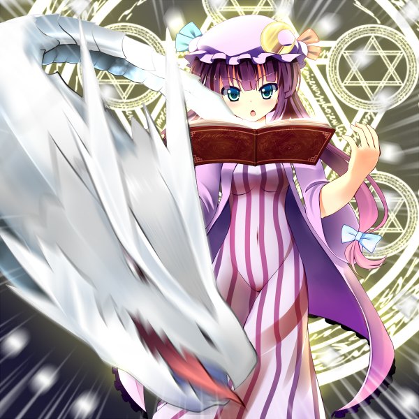 Anime picture 1200x1200 with touhou patchouli knowledge ikuodx (artist) single long hair open mouth blue eyes purple hair magic crescent girl dress bow hair bow book (books) bonnet dragon magic circle