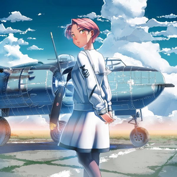 Anime picture 1200x1202 with original siqi (miharuu) single tall image looking at viewer blush short hair yellow eyes pink hair sky cloud (clouds) girl skirt sailor suit aircraft airplane