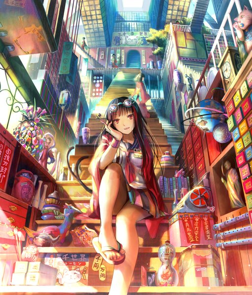 Anime picture 1390x1631 with original buddha fuzichoco long hair tall image brown hair sitting japanese clothes detailed girl flower (flowers) plant (plants) tree (trees) glasses serafuku kimono book (books) cat clock stairs