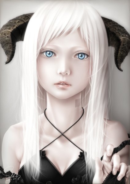 Anime picture 2120x3000 with original bouno satoshi single long hair tall image looking at viewer highres blue eyes bare shoulders white hair horn (horns) lips realistic girl dress