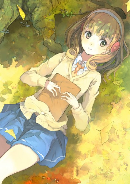 Anime picture 707x1000 with precure smile precure! toei animation kise yayoi toromi chuka single tall image blush fringe short hair blonde hair smile yellow eyes looking away lying autumn girl uniform plant (plants) school uniform