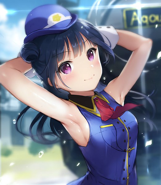 Anime picture 2800x3220 with love live! sunshine!! sunrise (studio) love live! tsushima yoshiko mignon single long hair tall image looking at viewer blush fringe highres smile purple eyes blue hair sky cloud (clouds) outdoors blurry arms up