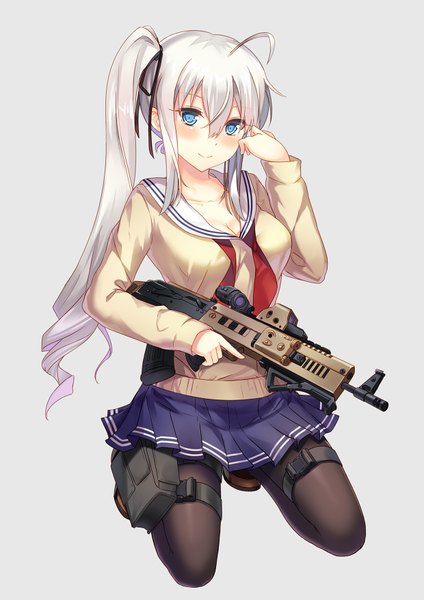 Anime picture 1240x1754 with original dance of eternity single long hair tall image looking at viewer blush blue eyes smile white hair side ponytail girl skirt uniform weapon school uniform miniskirt pantyhose gun assault rifle