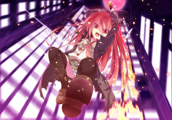 Anime picture 3000x2100 with shakugan no shana j.c. staff shana nakadadaichi single long hair highres open mouth light erotic red eyes red hair legs red moon girl thighhighs skirt uniform weapon black thighhighs miniskirt