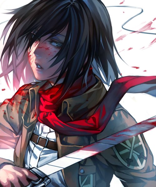 Anime picture 1200x1440 with shingeki no kyojin production i.g mikasa ackerman irohara mitabi single tall image fringe short hair black hair simple background white background holding looking away parted lips bloody clothes bloody weapon girl uniform weapon sword