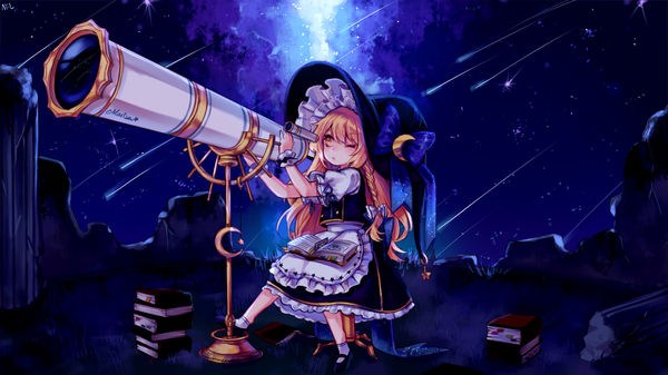 Anime picture 1920x1080 with touhou kirisame marisa shan single long hair highres blonde hair wide image sitting signed yellow eyes sky full body outdoors braid (braids) one eye closed night short sleeves wallpaper puffy sleeves