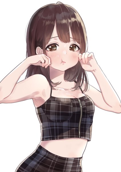 Anime picture 2893x4092 with original pomu (joynet) single long hair tall image looking at viewer blush fringe highres breasts simple background brown hair standing white background brown eyes cleavage upper body arms up midriff plaid