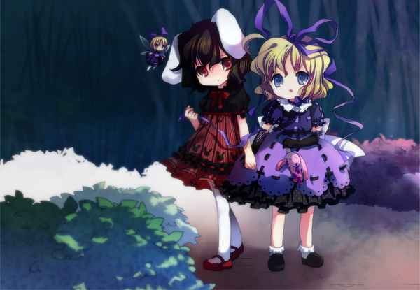 Anime picture 1633x1130 with touhou inaba tewi medicine melancholy su-san amo looking at viewer short hair open mouth blue eyes blonde hair red eyes brown hair multiple girls animal ears bunny ears holding hands fairy girl dress gloves