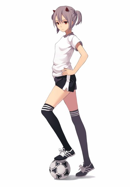 Anime picture 1227x1764 with original aisha (fkey) fkey single tall image short hair simple background red eyes white background twintails horn (horns) grey hair short twintails football girl uniform socks shorts black socks knee socks