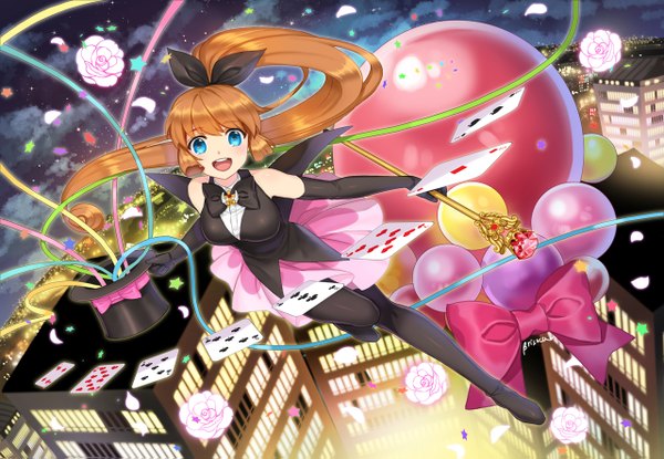 Anime picture 1280x887 with kaitou saint tail haneoka meimi saint tail briska blush open mouth blue eyes brown hair sky cloud (clouds) ponytail very long hair city city lights girl dress gloves flower (flowers) ribbon (ribbons) bow