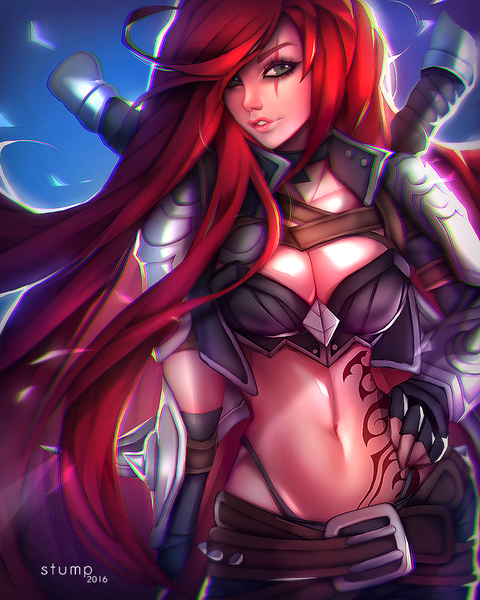 イラスト 720x900 と league of legends katarina (league of legends) stump (artist) ソロ 長髪 長身像 前髪 おっぱい light erotic simple background 大きな乳房 立つ signed looking away cleavage 赤髪 parted lips 風 lips 片目隠れ