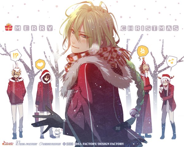 Anime picture 1280x1024 with amnesia idea factory shin (amnesia) toma (amnesia) ikki (amnesia) kent (amnesia) ukyo (amnesia) long hair blush short hair open mouth blonde hair smile red eyes green eyes green hair light smile inscription group boy