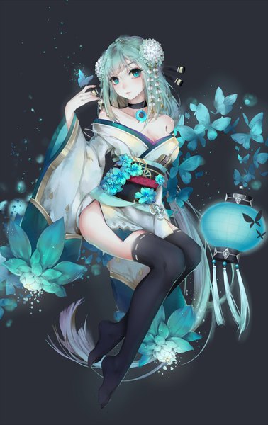 Anime picture 2480x3934 with onmyoji aoandon xi chu yang guan single tall image looking at viewer blush fringe highres breasts light erotic simple background bare shoulders cleavage full body blunt bangs very long hair traditional clothes japanese clothes hair flower