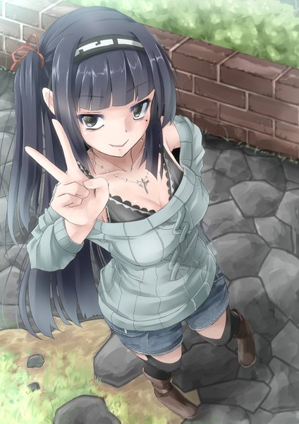 Anime picture 1654x2339 with original inudzuka ringo single long hair tall image fringe black hair smile from above black eyes mole hand on hip mole under eye one side up victory girl thighhighs black thighhighs shorts boots