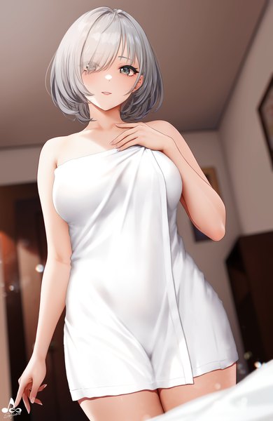 Anime picture 2600x4000 with original sashou mihiro infinote single tall image looking at viewer fringe highres short hair breasts light erotic standing signed silver hair indoors parted lips hair over one eye grey eyes hand on chest naked towel