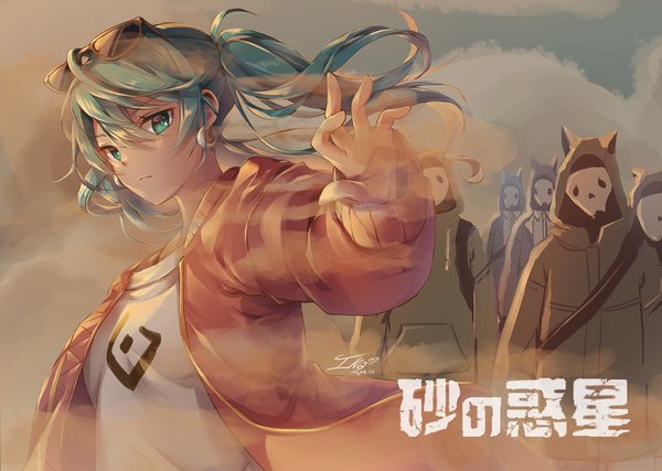 Anime picture 1263x900 with vocaloid suna no wakusei (vocaloid) hatsune miku ika (4801055) long hair looking at viewer fringe hair between eyes twintails upper body outdoors aqua eyes aqua hair open jacket sunglasses on head girl earrings jacket sunglasses bomber jacket