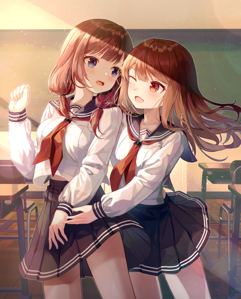 Anime picture 1500x1859 with original seero long hair tall image blush fringe open mouth blue eyes brown hair standing twintails multiple girls brown eyes indoors blunt bangs long sleeves pleated skirt one eye closed wink sunlight