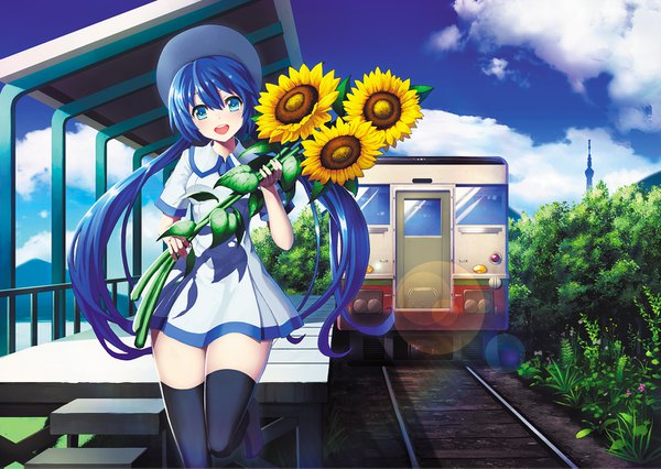 Anime picture 1500x1067 with vocaloid hatsune miku defiaz (infinity) single long hair looking at viewer blush fringe open mouth blue eyes smile hair between eyes twintails blue hair sky cloud (clouds) outdoors :d aqua eyes zettai ryouiki