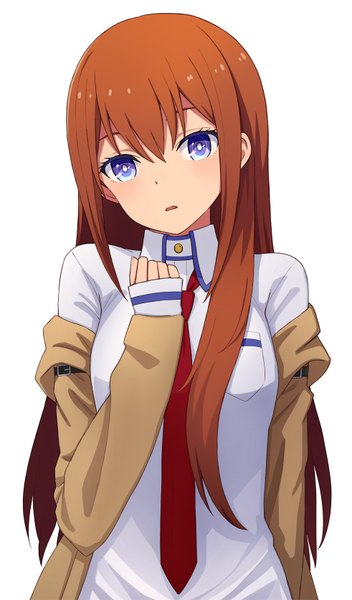 Anime picture 982x1670 with steins;gate white fox makise kurisu yahiro (epicopeiidae) single long hair tall image looking at viewer blush fringe open mouth blue eyes simple background brown hair white background hand on chest surprised girl shirt necktie