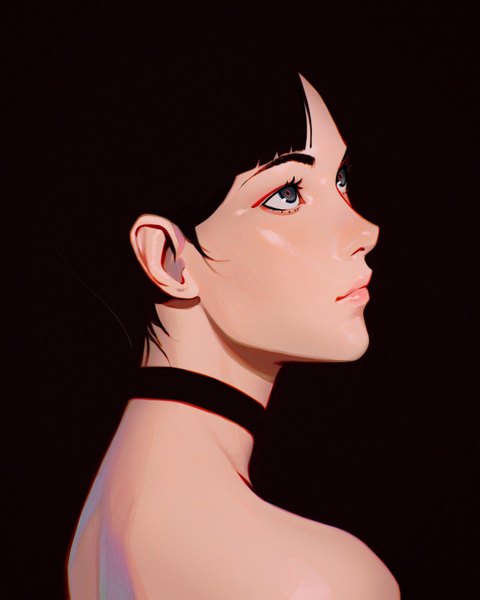 Anime picture 1280x1599 with original ilya kuvshinov single tall image fringe short hair black hair simple background bare shoulders blunt bangs lips black eyes realistic black background portrait looking up blending girl choker