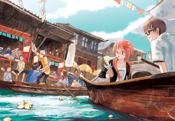 Anime picture 1280x886 with selina (artist) smile multiple girls pink hair sky multiple boys girl boy flower (flowers) water glasses building (buildings) house watercraft boat
