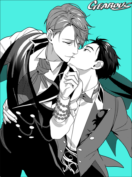 Anime picture 756x1008 with yuri!!! on ice mappa viktor nikiforov katsuki yuuri gearous tall image fringe short hair black hair simple background hair between eyes standing signed parted lips profile multiple boys hug monochrome face to face eye contact