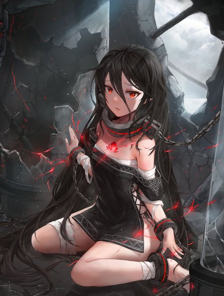 Anime picture 3031x4000 with original crystalherb single long hair tall image looking at viewer blush fringe highres open mouth light erotic black hair hair between eyes red eyes sitting absurdres barefoot pointy ears no panties wariza