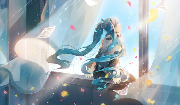 Anime picture 3048x1788 with vocaloid hatsune miku omutatsu single long hair highres wide image sitting twintails bare shoulders looking away sky light smile wind sunlight aqua hair arm support back looking up headphones around neck