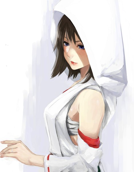 Anime picture 1440x1838 with kantai collection hiei battleship venezia (fanfoo) single tall image fringe short hair blue eyes simple background brown hair white background bare shoulders traditional clothes japanese clothes lips shadow lipstick looking down miko red lipstick