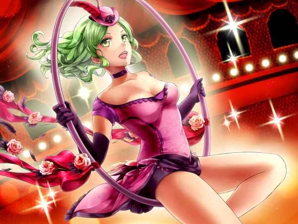 Anime picture 2400x1800 with hunie pop venus (hunie pop) ninamo single long hair blush highres open mouth light erotic smile bare shoulders green eyes green hair lips girl dress gloves flower (flowers) hat choker