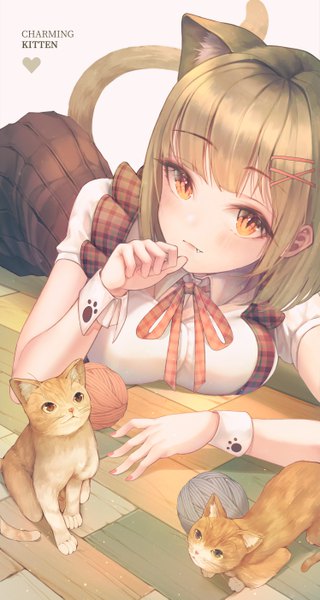 Anime picture 2991x5613 with original immi immi single tall image looking at viewer blush fringe highres short hair simple background brown hair animal ears tail blunt bangs nail polish animal tail pleated skirt fingernails cat ears cat girl