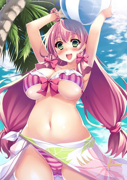 Anime picture 1306x1844 with kantai collection akashi repair ship kusano (torisukerabasu) single long hair tall image looking at viewer blush fringe breasts open mouth light erotic large breasts twintails green eyes pink hair aqua eyes cameltoe girl swimsuit
