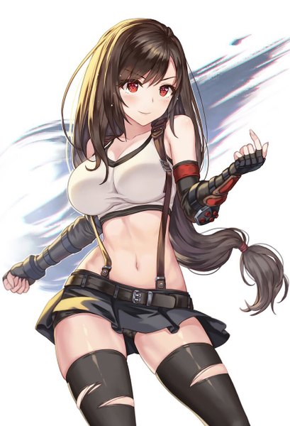 Anime picture 864x1268 with final fantasy final fantasy vii final fantasy vii remake square enix tifa lockhart hhama single long hair tall image blush fringe breasts light erotic simple background smile hair between eyes red eyes brown hair large breasts standing