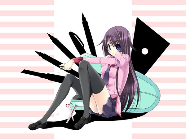 Anime picture 1134x850 with bakemonogatari shaft (studio) monogatari (series) senjougahara hitagi rakuna yuzutani single long hair looking at viewer fringe blue eyes light erotic sitting purple hair pantyshot pantyshot sitting girl thighhighs skirt underwear panties