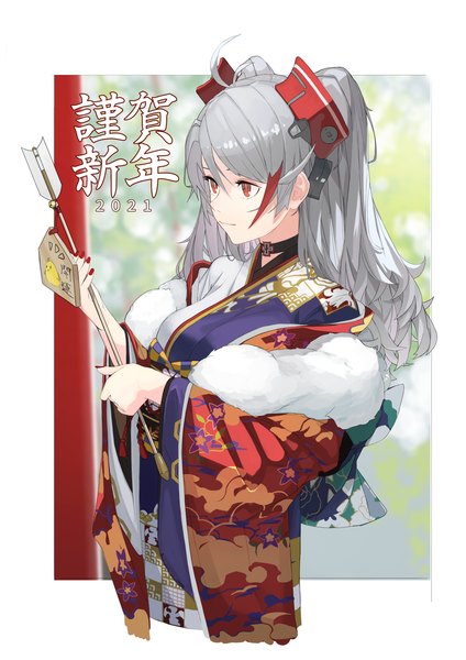 Anime picture 2480x3508 with azur lane prinz eugen (azur lane) aoiro (t aoiro123) single long hair tall image highres red eyes holding looking away silver hair ahoge nail polish traditional clothes japanese clothes two side up border new year outside border red nail polish