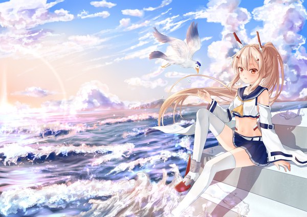 Anime picture 2560x1810 with azur lane ayanami (azur lane) hei kuang jun single long hair looking at viewer blush fringe highres open mouth blonde hair hair between eyes sitting payot sky cloud (clouds) bent knee (knees) outdoors ponytail pleated skirt