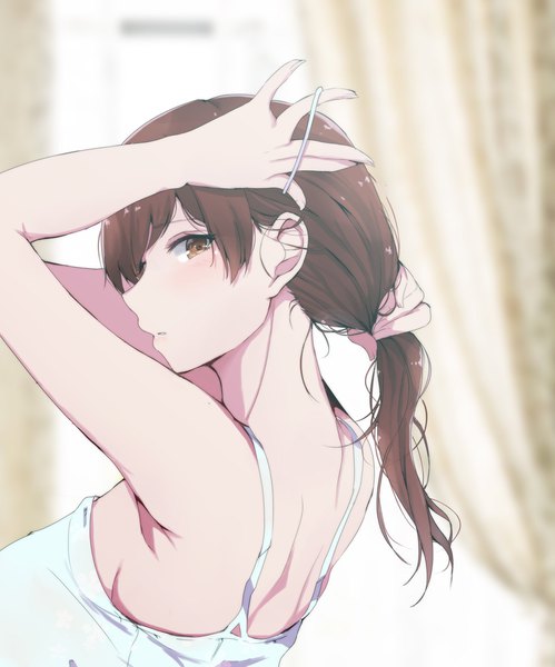 Anime picture 1703x2048 with idolmaster idolmaster cinderella girls nitta minami ryuu. single long hair tall image looking at viewer blush fringe highres breasts hair between eyes brown hair large breasts bare shoulders holding brown eyes payot ponytail