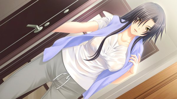Anime picture 1280x720 with morobito kozorite (game) tagme (artist) long hair light erotic black hair wide image yellow eyes game cg towel around neck girl towel