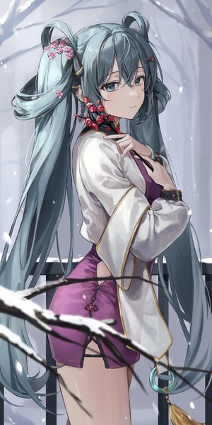 Anime picture 1125x2250 with vocaloid hatsune miku ekina (1217) single long hair tall image looking at viewer fringe hair between eyes standing twintails holding long sleeves traditional clothes hair flower aqua eyes aqua hair alternate costume turning head snowing