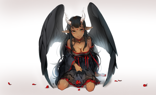 Anime picture 1214x738 with original chico907 single long hair looking at viewer fringe breasts light erotic black hair smile wide image large breasts sitting bare shoulders yellow eyes cleavage ahoge long sleeves horn (horns) pointy ears